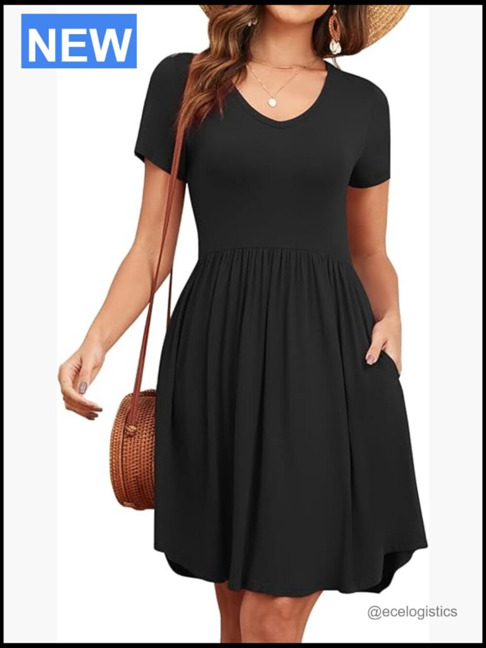 Casual Loose Fit V Neck Swing T Shirt Dress with Pockets Summer